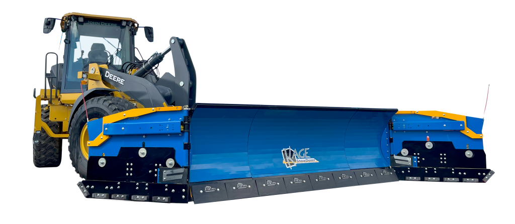 large blue blade snow plow on a wheel loader