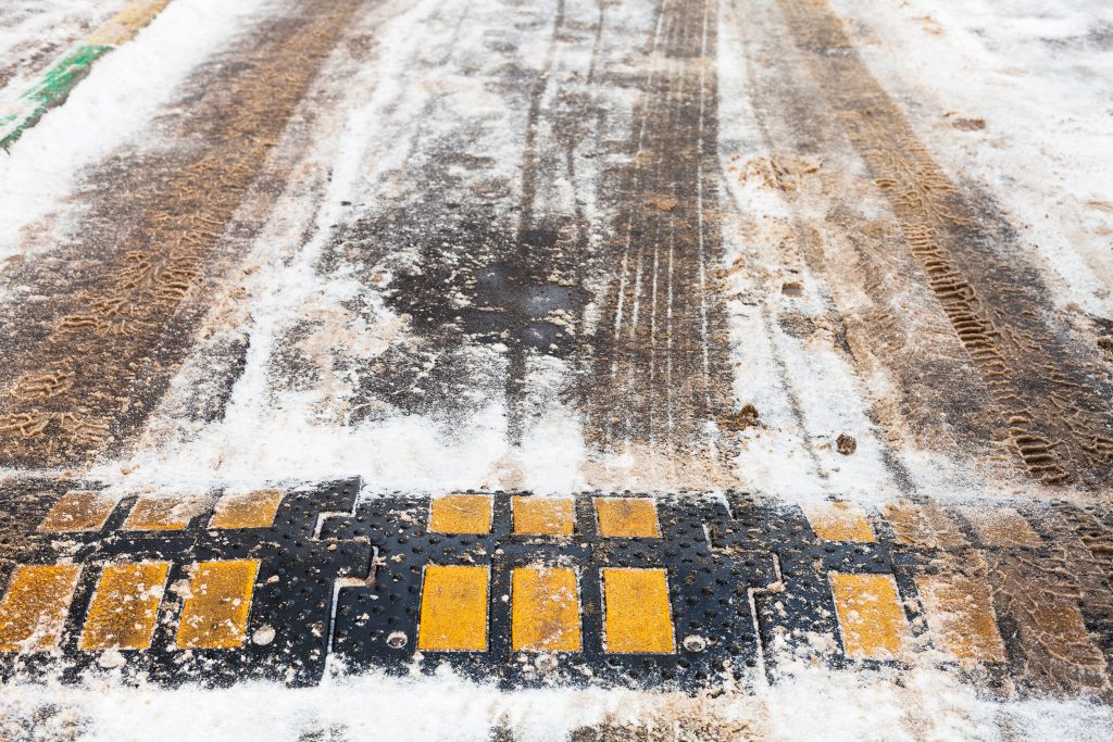 Snowy Speed Bumps can cause snow plow damage without the right features and/or plowing approach