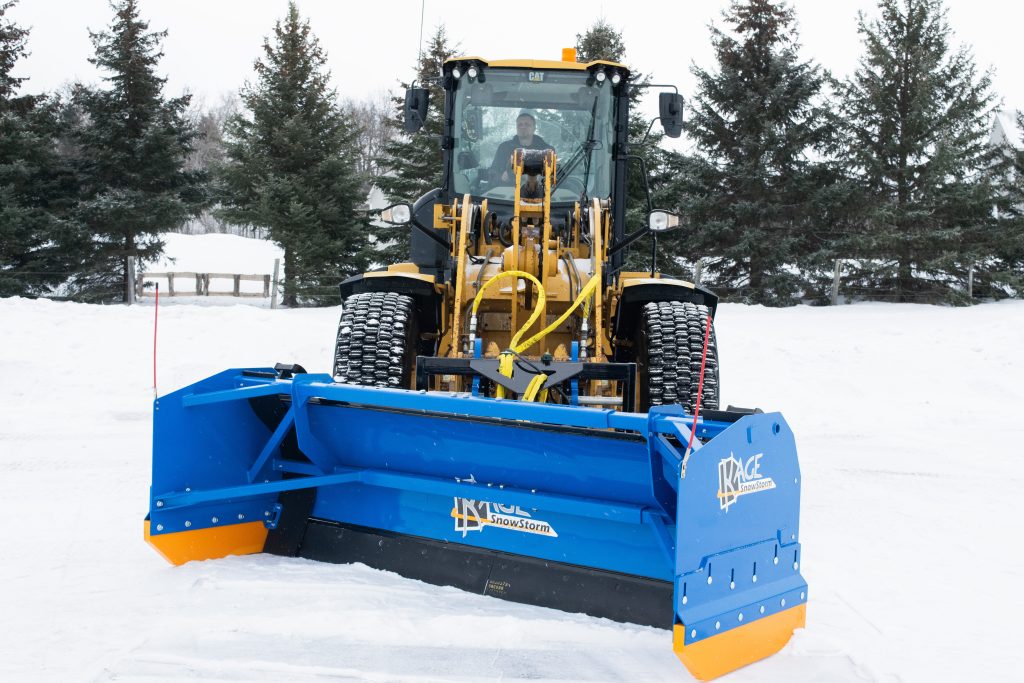KAGE SnowStorm Box Plow Angled on Wheel Loader